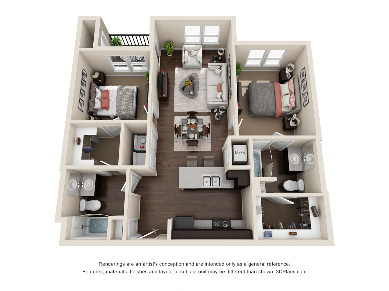Floor plan for 2 beds, 2 baths, 923 sqft